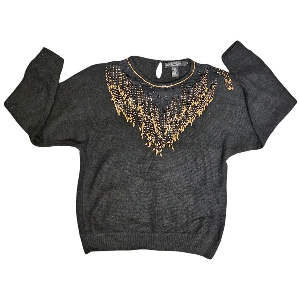 Vintage Work in Progress Sweater Beaded Lace Womens 3XL Black Gold Pullover Knit